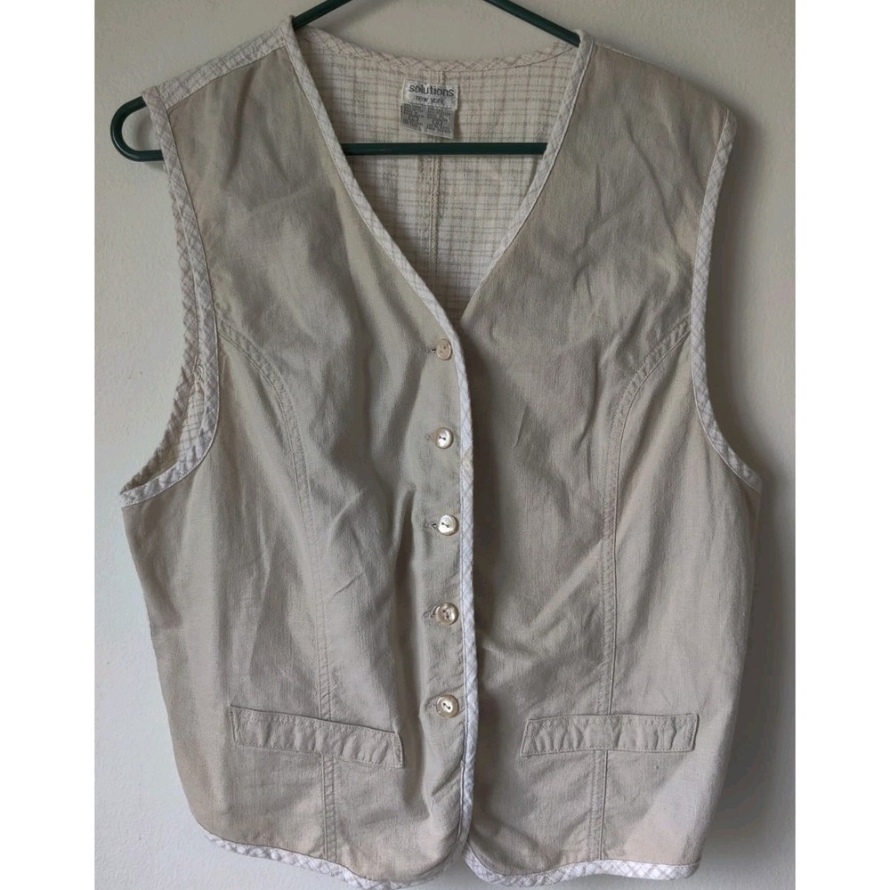 Solutions New York Vest Womens Large Beige/Cream Plaid Button Front Cinch Strap